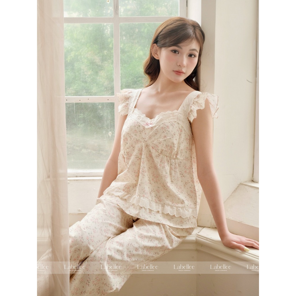Bộ đồ ngủ quần dài họa tiết hoa nhí Labellee vải cotton mềm mịn, thoáng mát