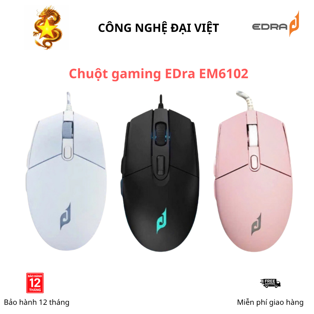 Chuột Gaming Edra EM6102 Đen / Trắng / Hồng LED 7 màu DPI 3200