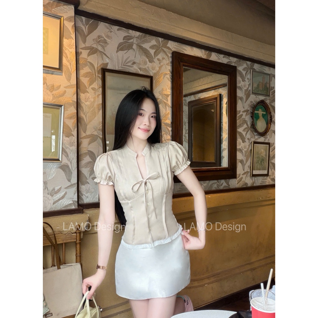 Áo sơ mi áo kiểu nữ hottrend cổ tàu cột nơ trẻ trung LAMO - B1574 | BigBuy360 - bigbuy360.vn