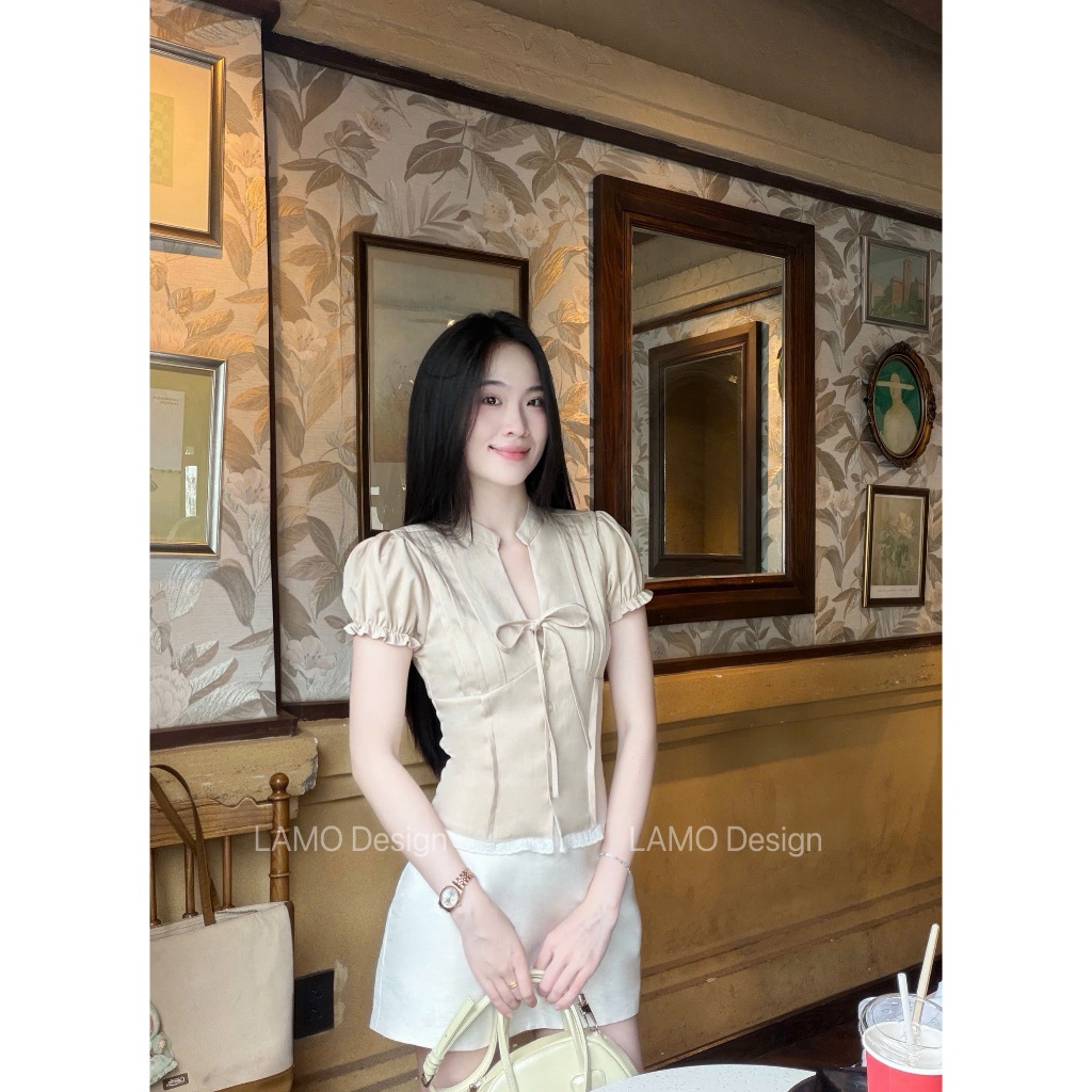 Áo sơ mi áo kiểu nữ hottrend cổ tàu cột nơ trẻ trung LAMO - B1574 | BigBuy360 - bigbuy360.vn