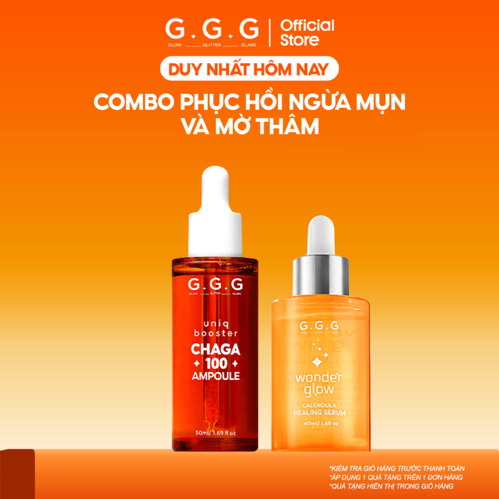 Combo Tinh Chất Phục Hồi Da Khỏe & Mờ Thâm Giảm Mụn GGG Booster Chaga 100 Ampoule 50ml & Healing Ser