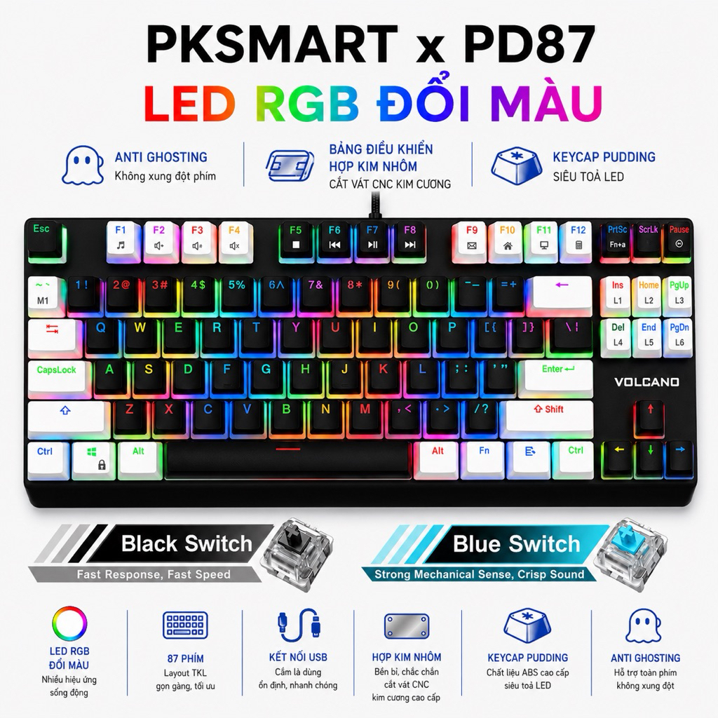Bàn Phím Cơ TKL Chơi Game Có Dây - PKSMART PD87 - Anti Ghosting Full Phím - LED RGB Đổi Màu - Bảng Đ