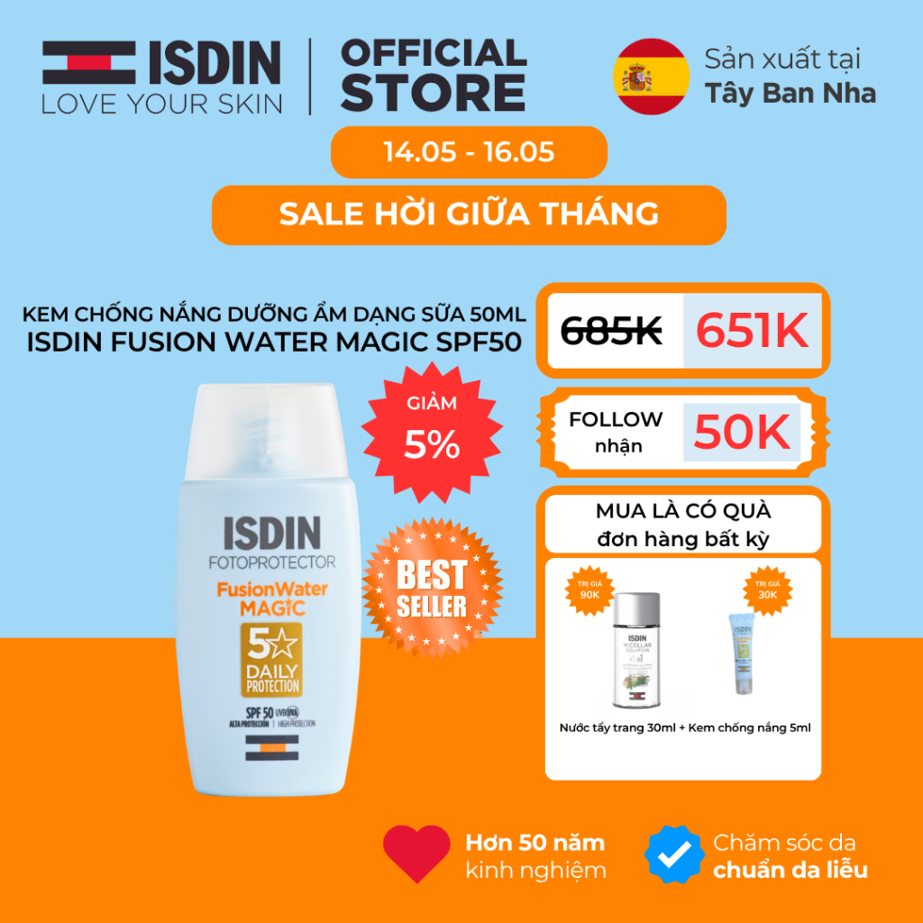 Kem chống nắng kiềm dầu không nhờn rít không nâng tông ISDIN Fotoprotector Fusion Water Magic SPF50 