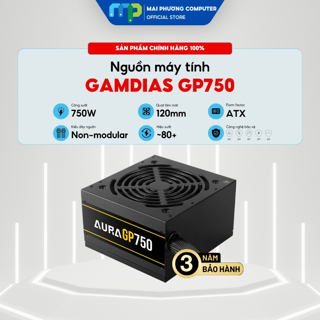 Nguồn máy tính Gamdias AURA GP750 - 750W - Non Modular - Bảo hành 36 tháng
