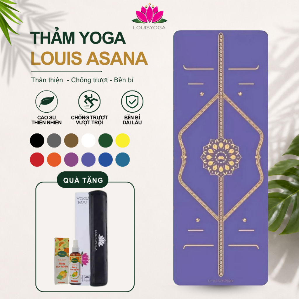 Thảm tập yoga cao su Louis Yoga Asana, thảm yoga định tuyến thấm hút mồ hôi - Tặng túi thảm