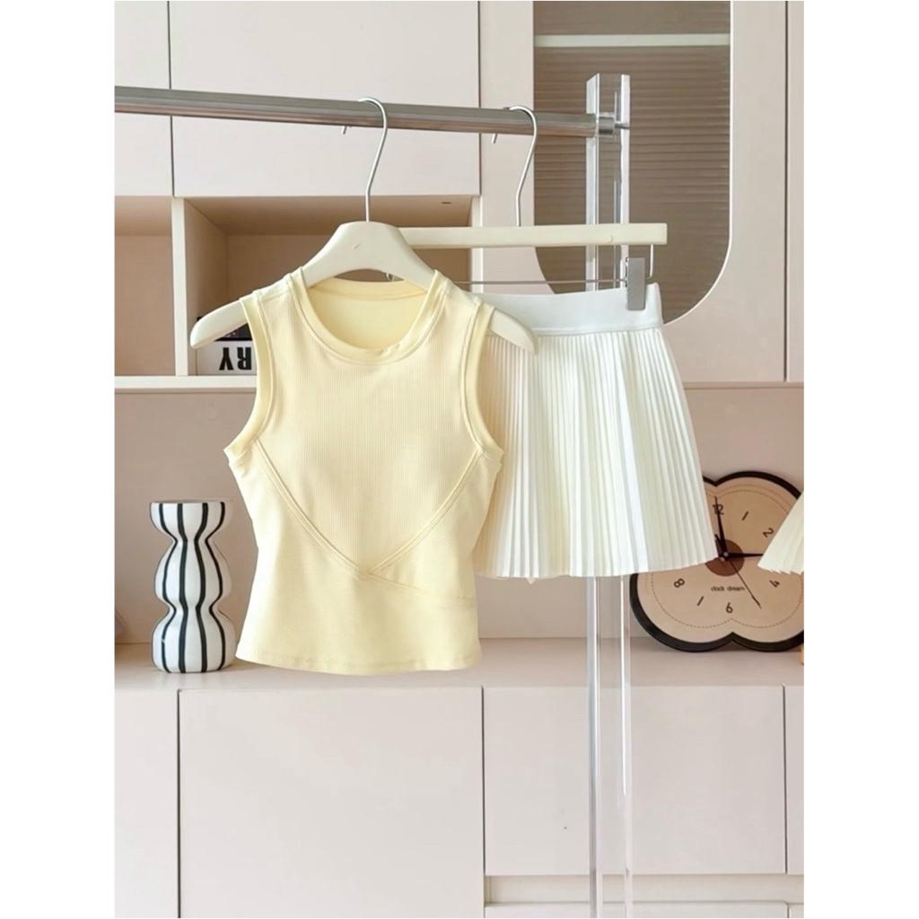 (Có sẵn) Set Đồ Tập Gym Yoga Nữ Áo Tanktop Gân Kèm Chân Váy Quần Xếp Ly – Outfit Tennis Pilates Spor