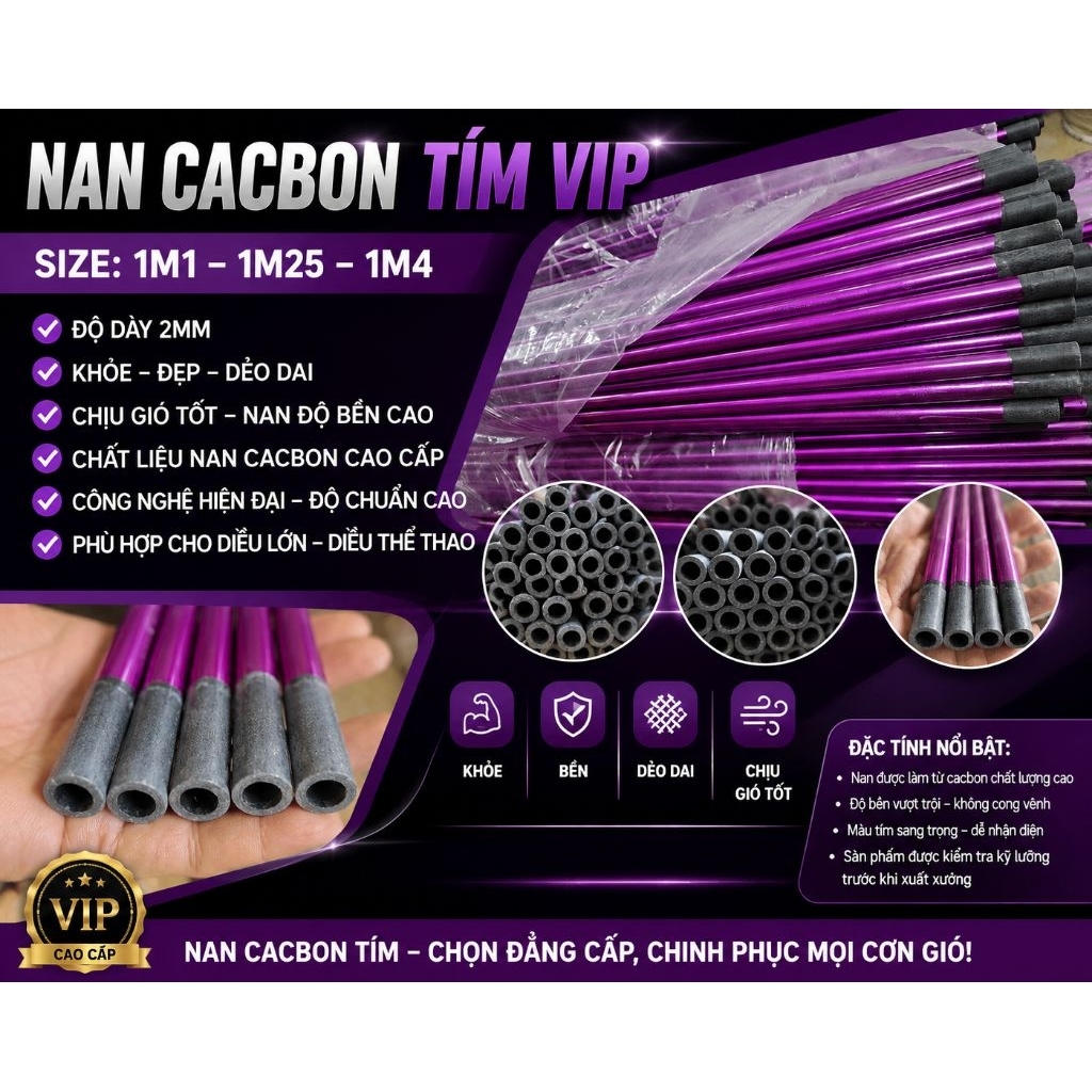 Nan cacbon Tím dày 85cm, 1m1, 1m15,1m25 và 1m4, 1m55  lên diều 2m đến 4m