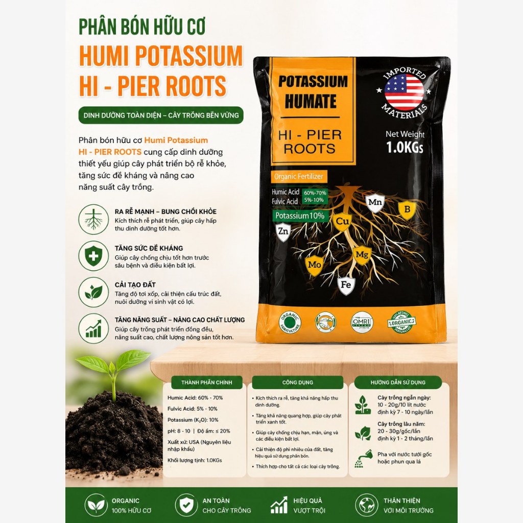 Phân Bón Hữu Cơ Humix Potassium Humate 1KG | Kích Rễ Mạnh – Cải Tạo Đất – Bung Đọt