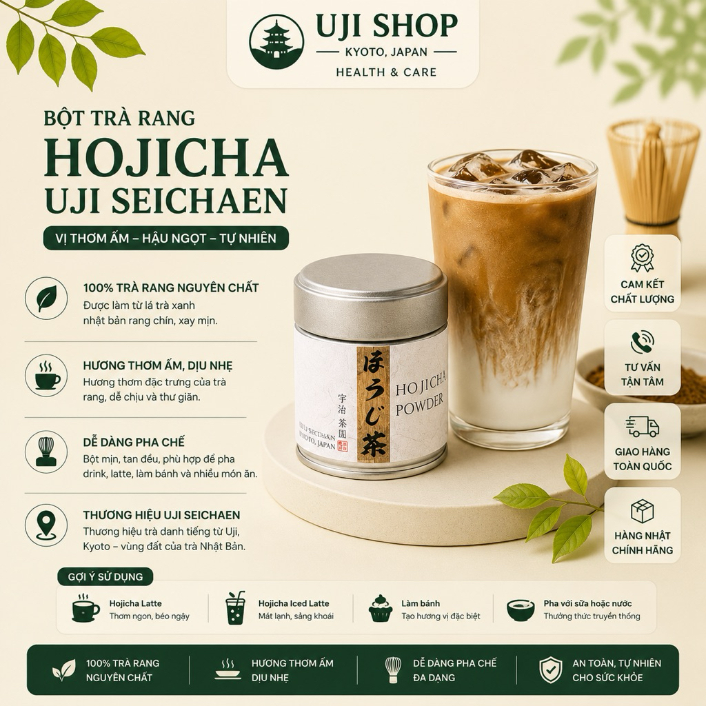 Bột Trà Rang Hojicha Uji Powder Hãng Ujiseichaen Uji Kyoto Nhật Bản Hũ 40g