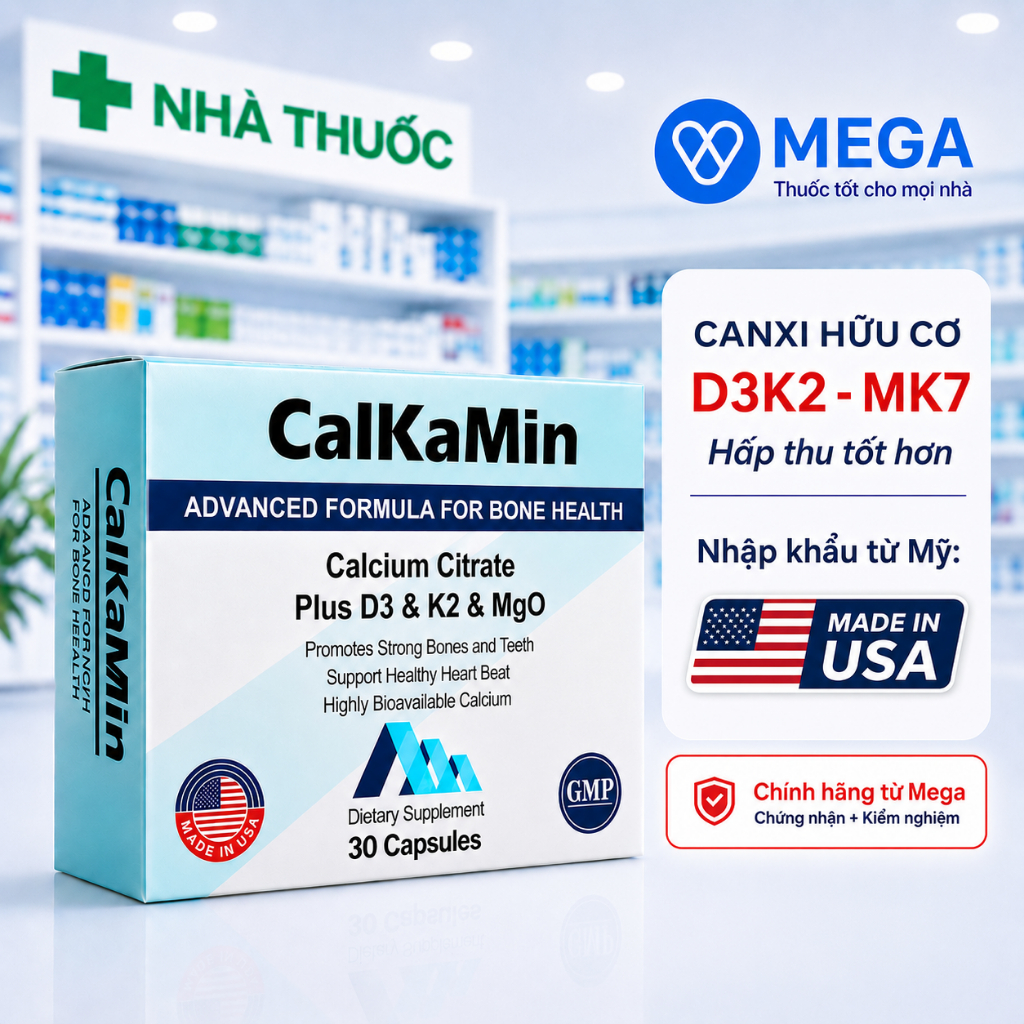 CalKamin - Canxi hữu cơ D3K2 Mỹ, Hộp 30 viên, Hàng chính hãng