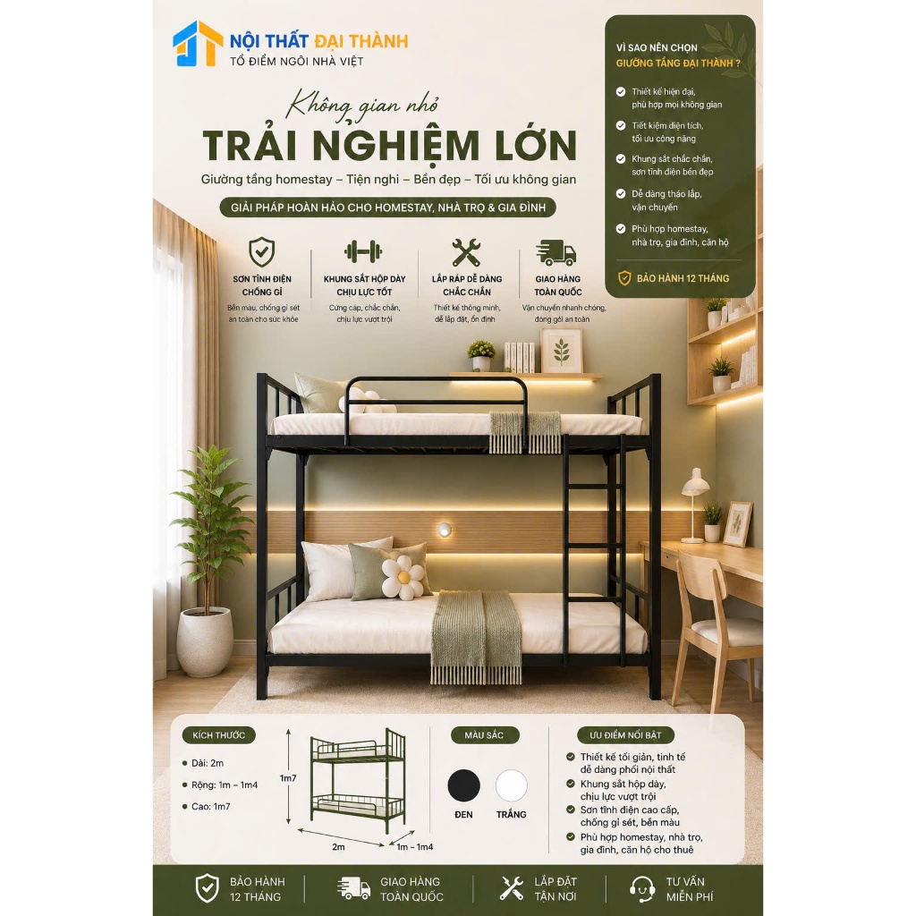 Giường sắt hai tầng homstay 1mx2m ĐẠI THÀNH
