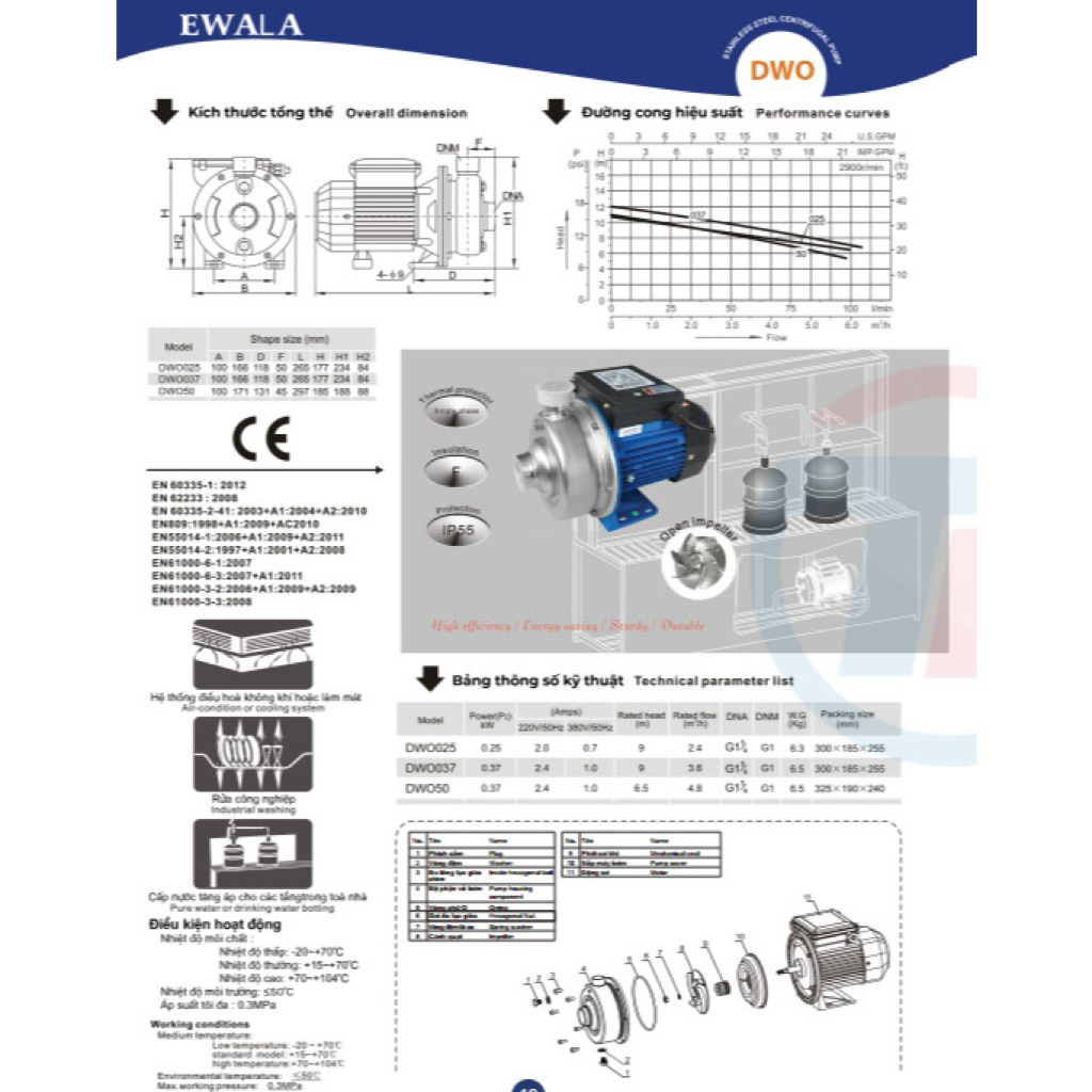 Bơm ly tâm cánh hở Ewala DWO 200 - 2HP - 1.5KW - 220V