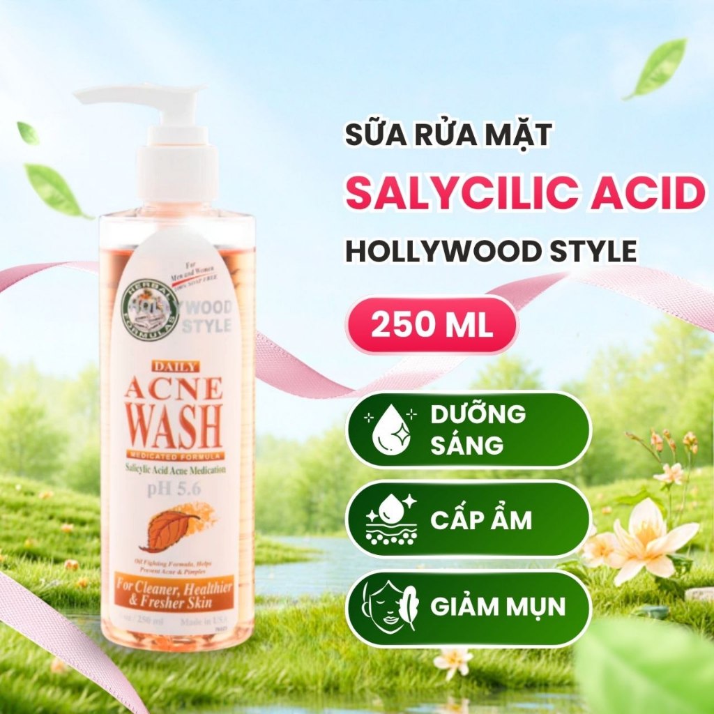 [HSD 12/2026] Sữa Rửa Mặt Chăm Sóc Da Dầu Mụn Salycilic Acid Hollywood Style 250ml