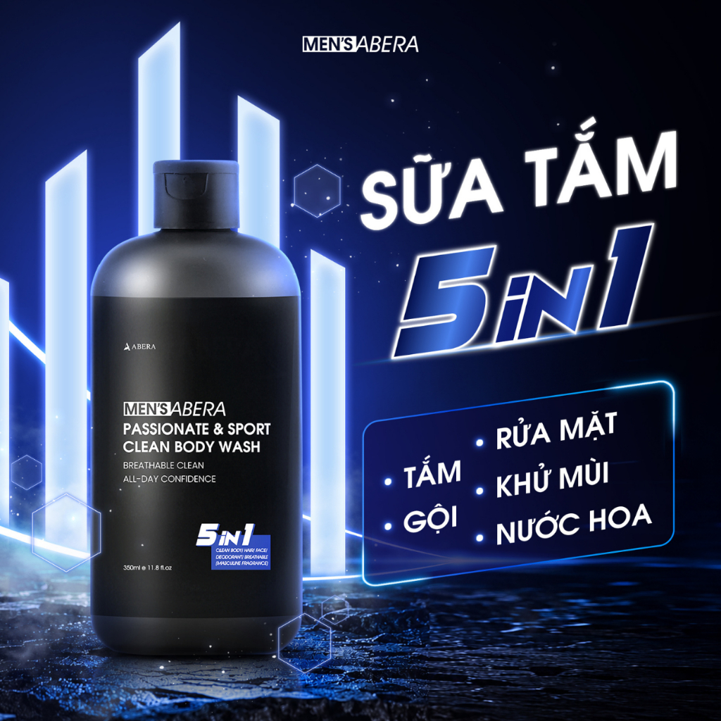 Sữa Tắm Gội Hương Nước Hoa Nam 5IN1 MEN'S ABERA – Tắm Gội Rửa Mặt, Mùi Nam Tính, Không Khô Da Đầu, K