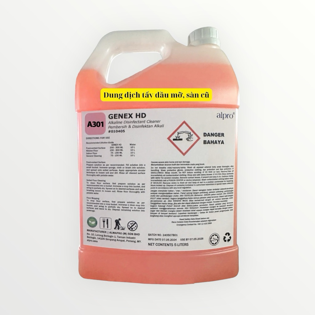 Dung dịch tẩy rửa dầu mỡ, sàn cũ Alpro A301 Genex HD Can 5L (Malaysia)