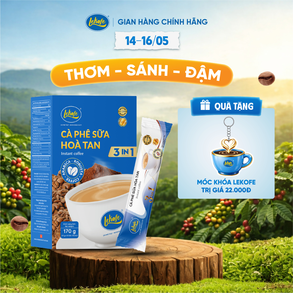 [QUÀ TẶNG NGÀY 14 - 16/5] Cà phê sữa hòa tan 3in1, Cà phê sữa truyền thống Lekofe - Hộp 10 gói x 17g