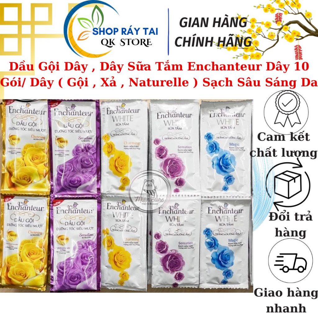 Dây Dầu Gội, Dầu Xả , Sữa Tắm Enchanteur Dây 10 Gói ( Gội , Xả , Naturelle ) Sạch Sâu Sáng Da Chính 