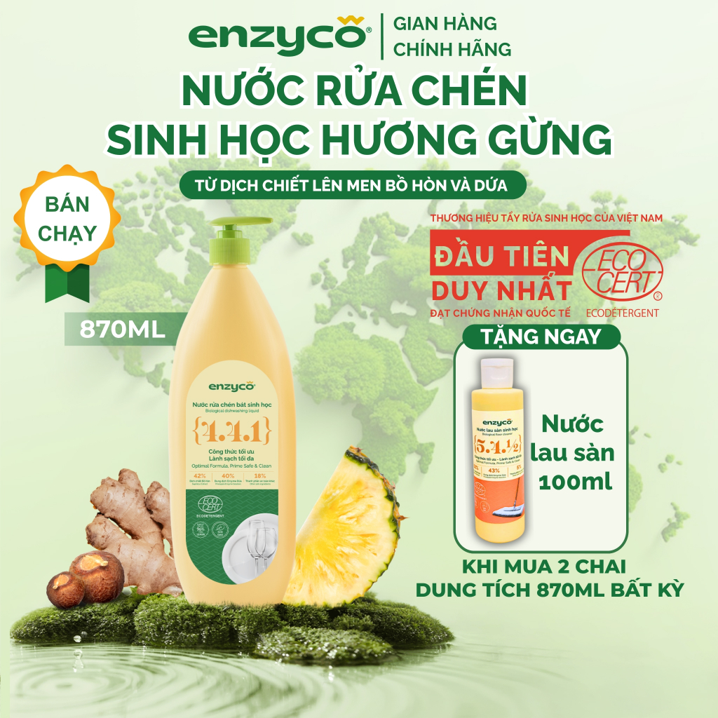 Nước Rửa Chén Bát ENZYCO Sinh Học Từ Bồ Hòn Và Dứa Đạt Chứng Nhận ECODETERGENT-ECOCERT 870ml,Dịu Nhẹ