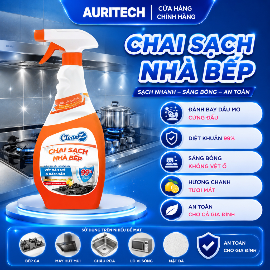 Chai Sạch Đa Năng CleanZ  Nhà Bếp Làm Sạch Dầu Mỡ, Vết Ố Vàng Thơm Mùi Chanh Dịu Nhẹ Dung Tích 450ml