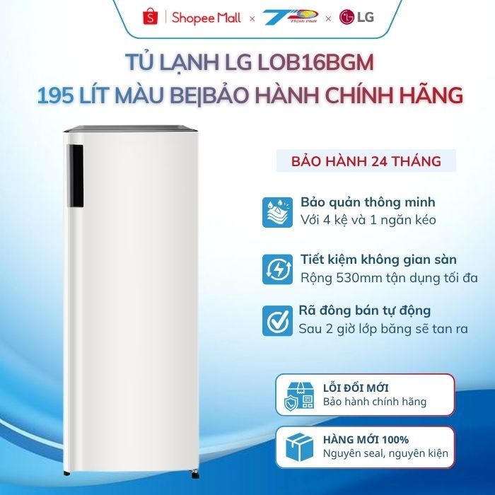 Tủ lạnh LG LOB16BGM 195 lít 1 cánh màu be bảo quản thông minh|Bảo hành chính hãng 24 tháng