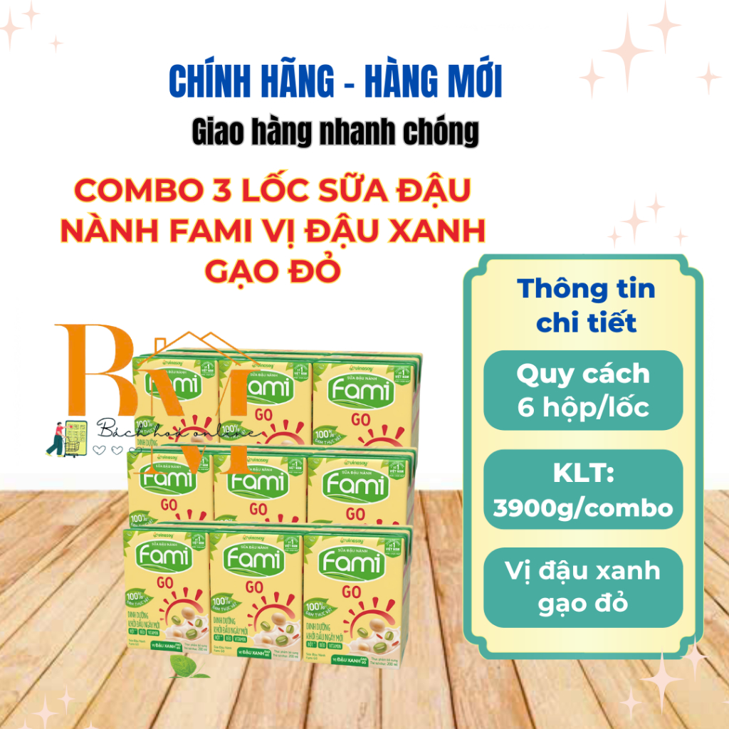 Combo 3 lốc sữa đậu nành Fami GO vị đậu xanh gạo đỏ hộp 200ml