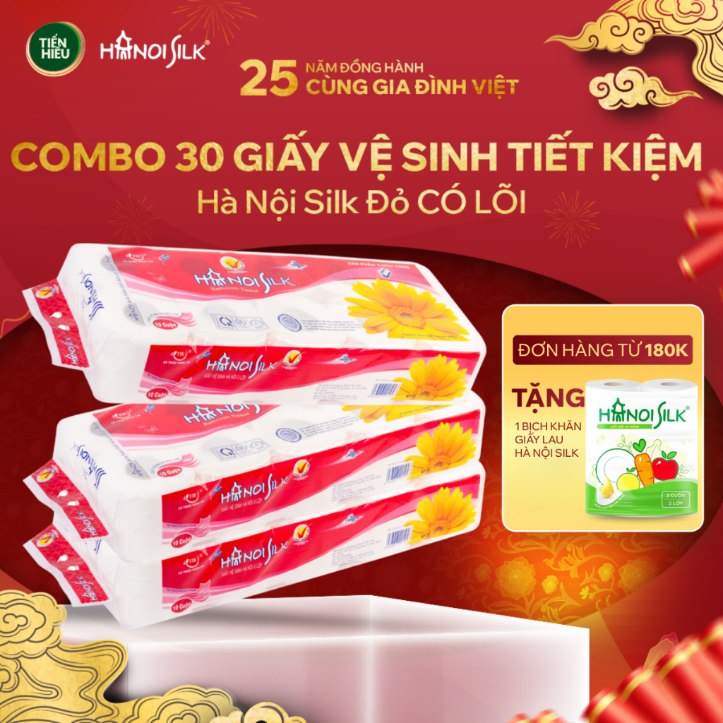 COMBO Giấy Vệ Sinh Hanoi Silk Xanh Dương Đỏ 3 Lớp Không Lõi Và Có Lõi Siêu Tiết Kiệm