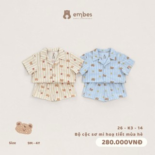 Bộ Cộc Cho Bé Embes, Bộ Sơ Mi Cộc Tay Kẻ Sọc In Họa Tiết Mùa Hè Cho Bé Trai Bé Gái Size Từ 8-17Kg