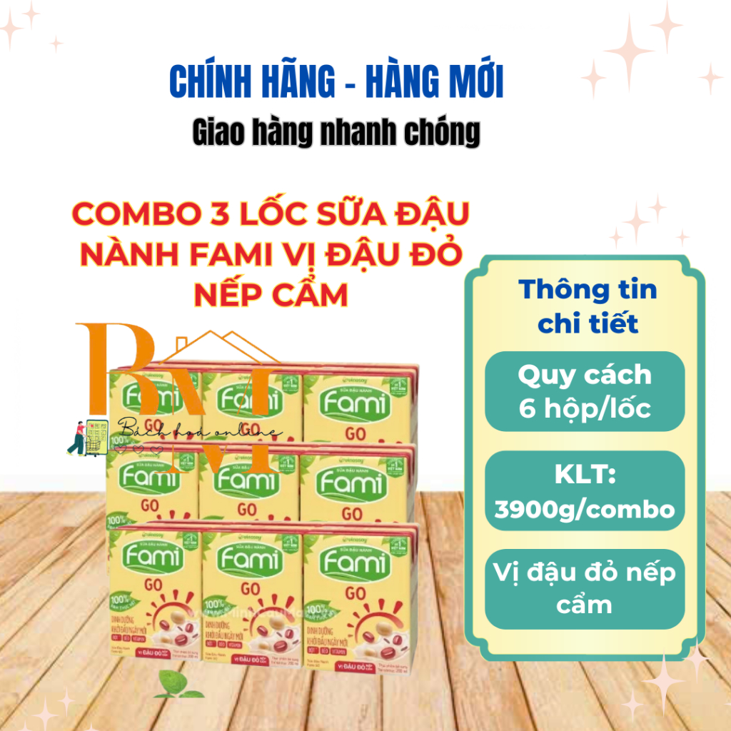 Combo 3 lốc sữa đậu nành Fami GO vị đậu đỏ nếp cẩm hộp 200ml