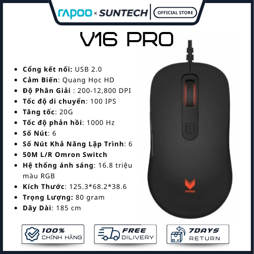 Chuột Gaming Có Dây Rapoo V16 PRO - DPI 12800, Switch Omron 50M, Form Đối Xứng, Siêu Nhẹ 80g