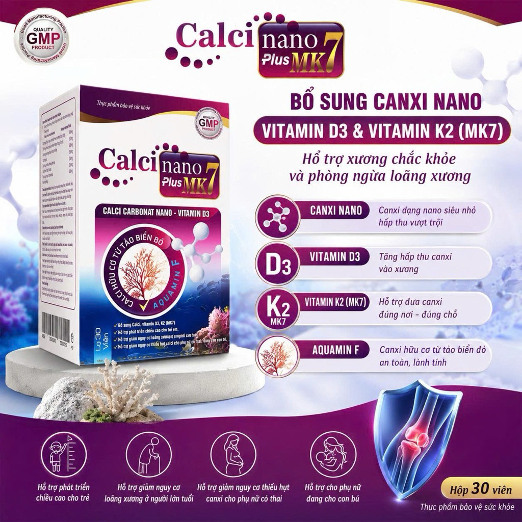 Viên uống AQUAMIN CANXI NANO MK7 GOLD AQUAMIN F giảm nguy cơ loãng xương ,còi xương