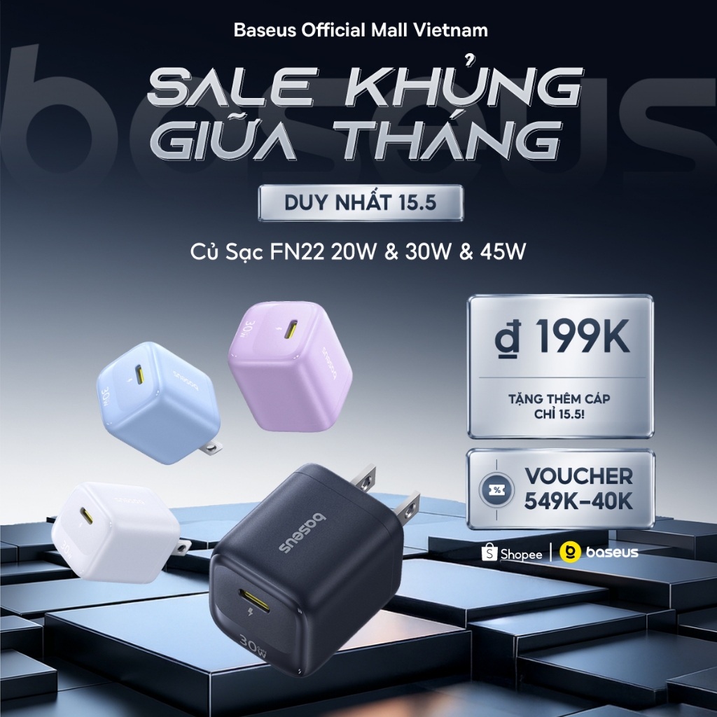 Củ Sạc Nhanh Baseus EnerFill FN22 20W & 30W & 45W GaN USB-C PD 3.0 – Nhỏ Hơn 30%, Sạc Nhanh Gấp 176%