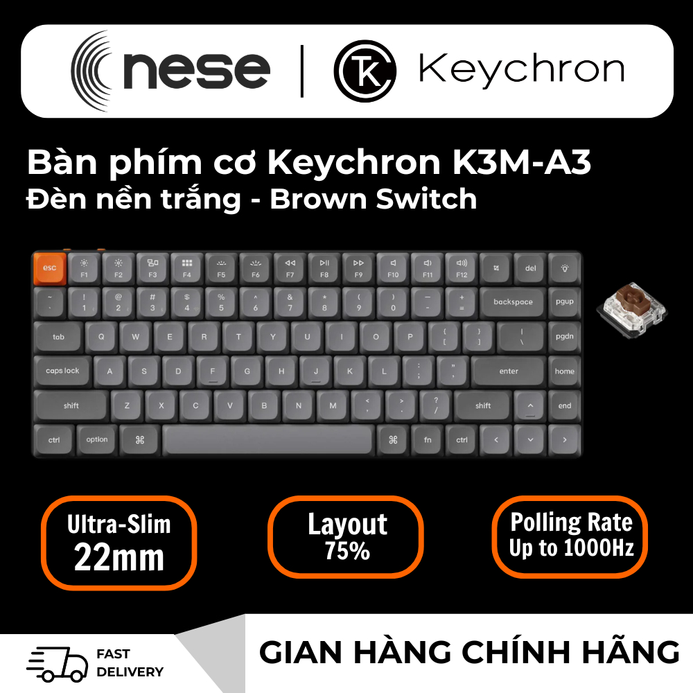 Bàn phím vi tính Keychron K3M-A3 K3 Max Gateron White Backlight Red Switch Keyboard-Hàng Chính Hãng