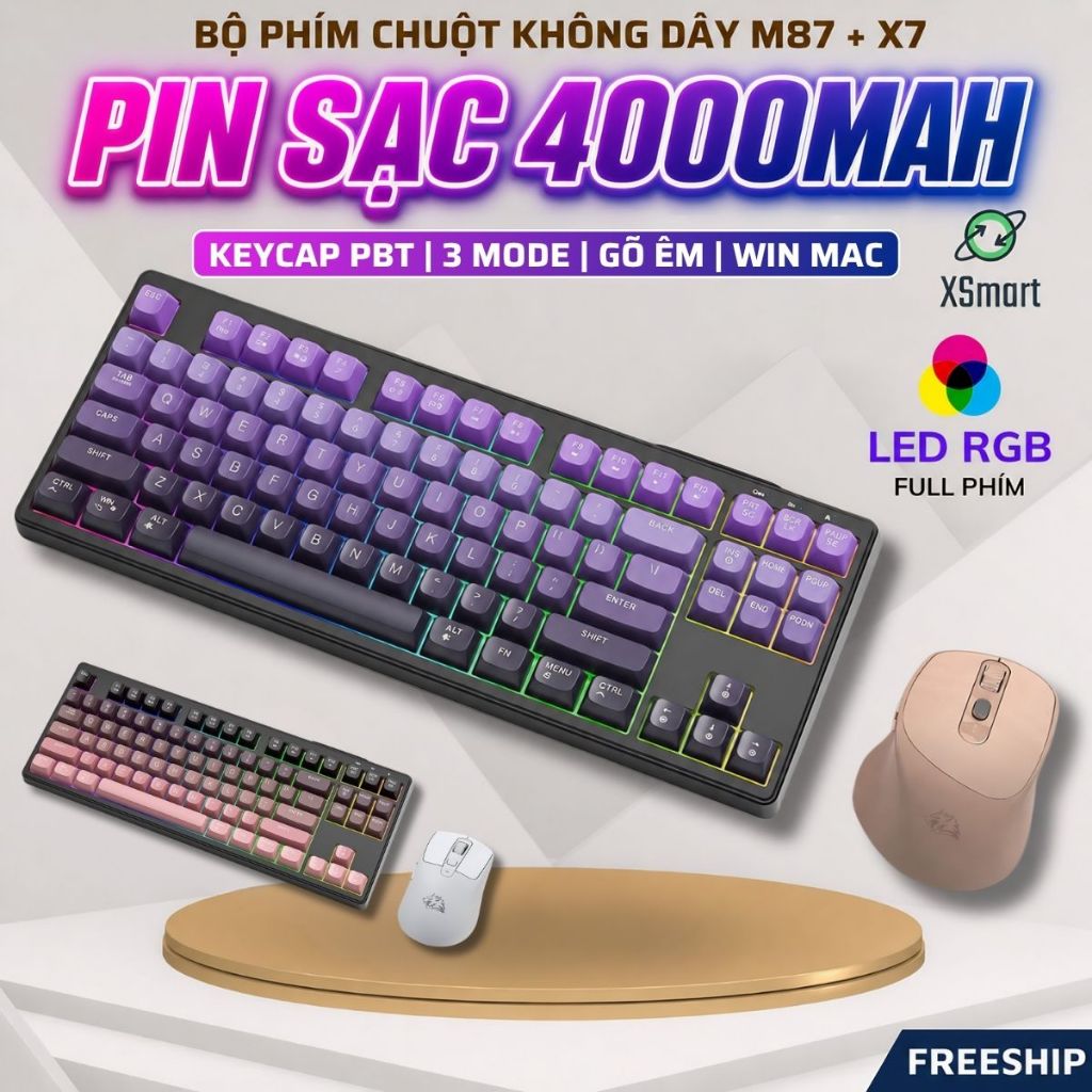 Bộ Bàn Phím Và Chuột Không Dây FreeWolf M87 Giả Cơ Full Led Lót Foam Giảm Ồn Pin Sạc Layout Win/Mac