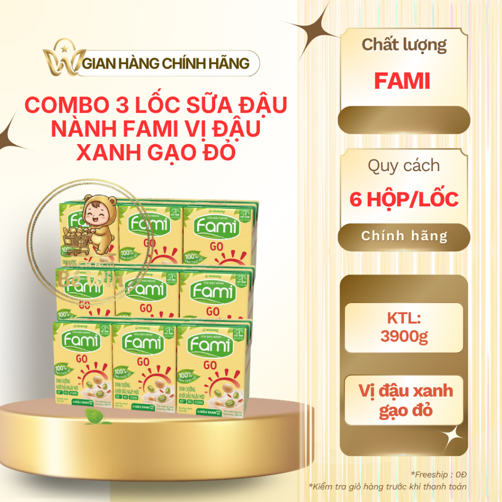 Combo 3 lốc sữa đậu nành Fami GO vị đậu xanh gạo đỏ hộp 200ml
