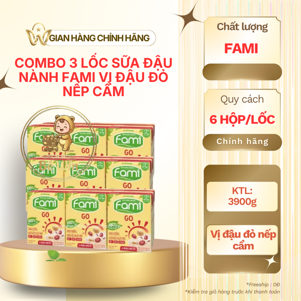 Combo 3 lốc sữa đậu nành Fami GO vị đậu đỏ nếp cẩm hộp 200ml