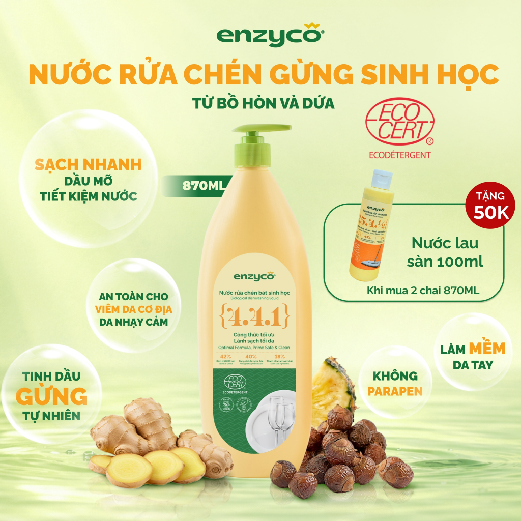 Nước Rửa Chén Gừng Sinh Học ENZYCO 870ML Từ Bồ Hòn & Dứa,Sạch Dầu Mỡ,Không Khô Da Tay,Đạt Chứng Nhận