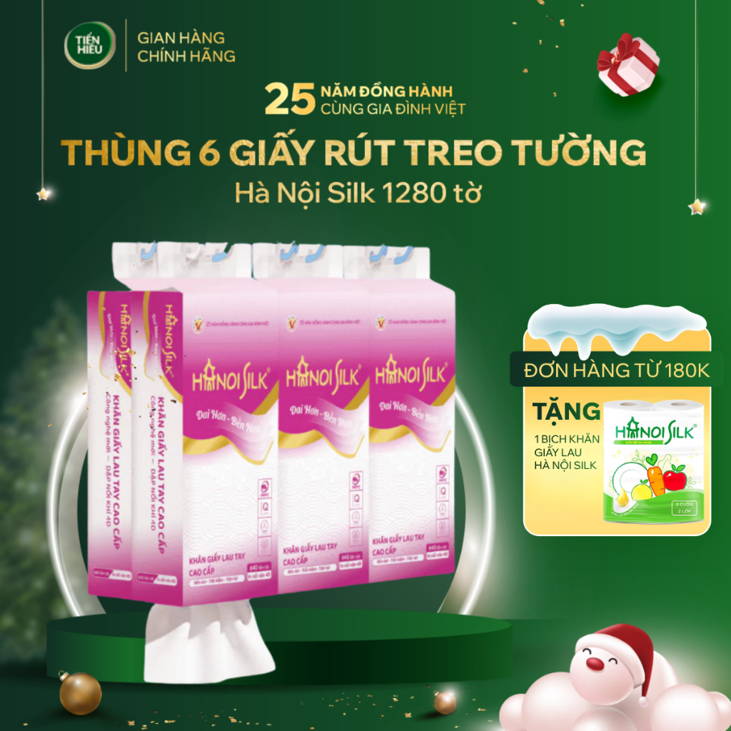 Thùng 6 Bịch Giấy Rút Treo Tường Hanoi Silk Mềm Dai Thấm Nước Không Rách 1280 Tờ - Tặng Kèm Móc Treo