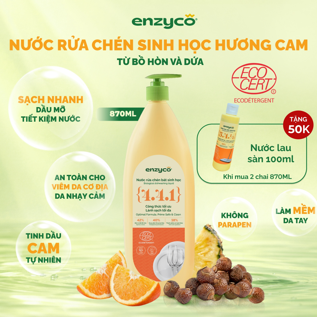 Nước Rửa Chén Bát Ăn Dặm Cho Bé ENZYCO Từ Bồ Hòn Và Dứa Đạt Chứng Nhận ECODETERGENT-ECOCERT, Hương C