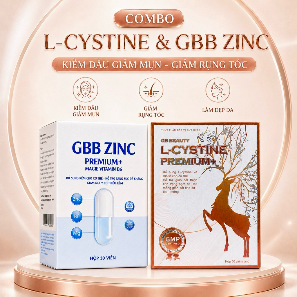 Combo L cystine Premium + Kẽm hỗ trợ mọc tóc, giảm mụn, đẹp da