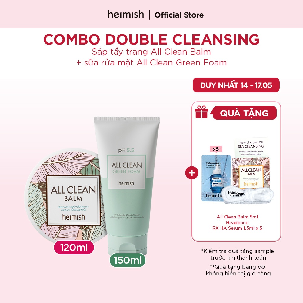 Combo Bộ đôi Double Cleansing heimish Sáp tẩy trang All Clean Balm và sữa rửa mặt All Clean Green Fo