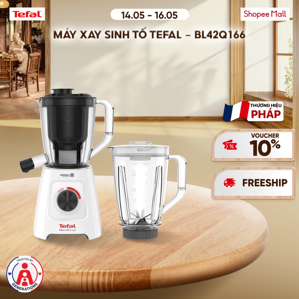 Máy xay sinh tố Tefal BL42Q166 - 2 L, Trắng Đen, 600W, Ép trái cây và Xay sinh tố