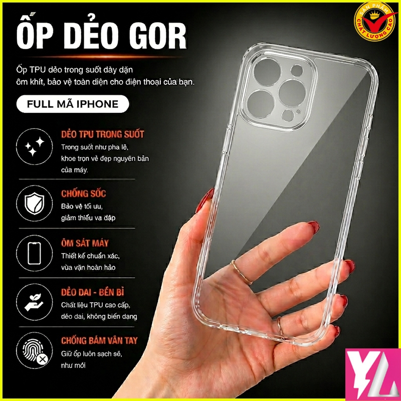 ỐP LƯNG GOR CHÍNH HÃNG IPHONE 15 Pro, IP 15, Ip 15 Plus, IP 15 Pro Max ... DẺO TRONG SUỐT KHÔNG Ố MÀ