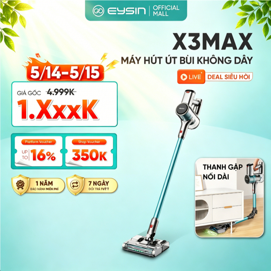 Máy hút bụi cầm tay không dây 4in1 Eysin X3MAX kèm đầu hút giường nệm với phân loại - Bảo Hành 12 Th