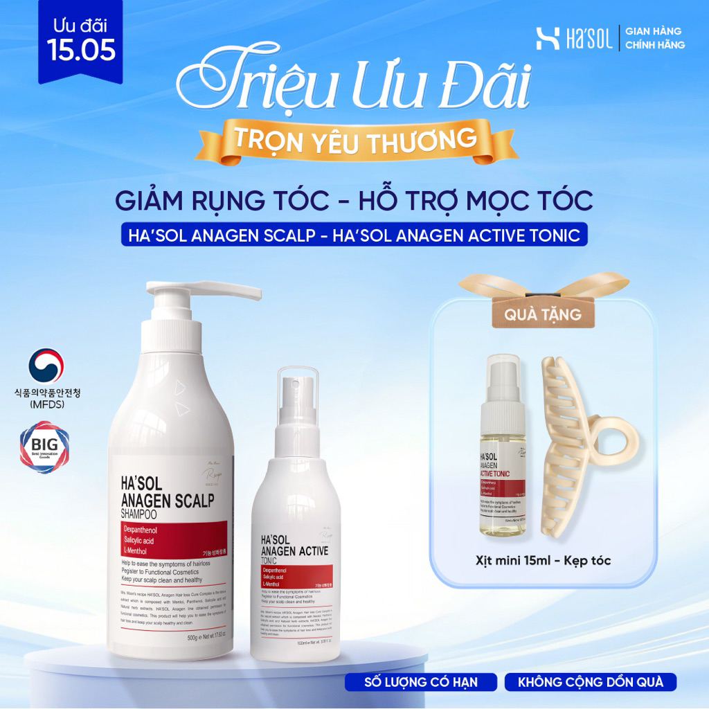 Combo Dầu Gội HASOL Hỗ Trợ Giảm Rụng và Mọc Tóc Ha'sol Anagen Scalp Shampoo 500g + Xịt Ha'sol Anagen