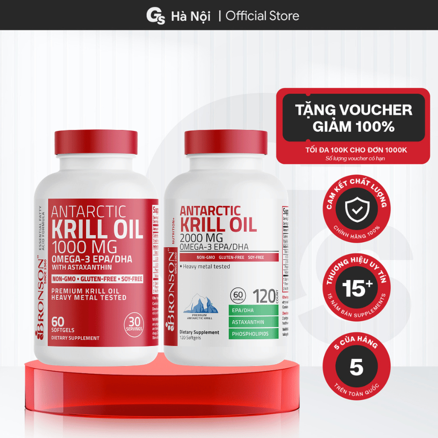 Dầu nhuyễn thể Bronson Antarctic Krill Oil giúp chống lão hóa, cải thiện trí nhớ, tim mạch, thị lực