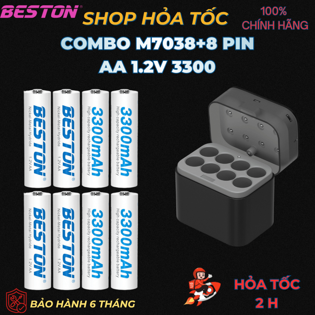 Hộp sạc M7038+8 pin 1.2V 3300, Hãng Beston,dùng cho thiết bị điện, đồ chơi,Mic Karaoke,đồng hồ.
