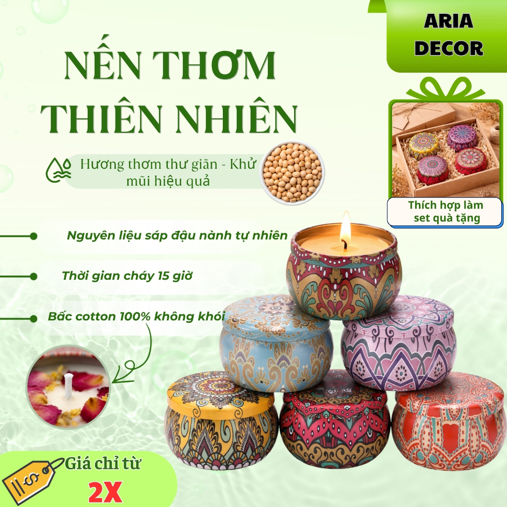 Nến thơm thiên nhiên sáp đậu nành hũ thiếc decor phòng ngủ, khử mùi thư giãn, giảm stress, quà tặng 