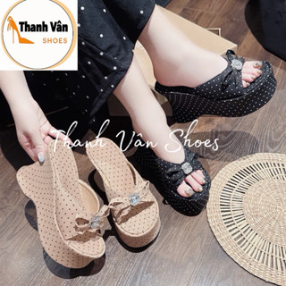 Dép xuồng nơ chấm bi cao 11 phân 2 màu _Thanh Vân Shoes(D0443)