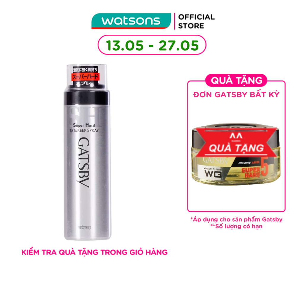 Keo Xịt Tóc Gatsby Giữ Nếp Lâu và Không Gây Bết Dính Super Hard Set & Keep Spray 180g