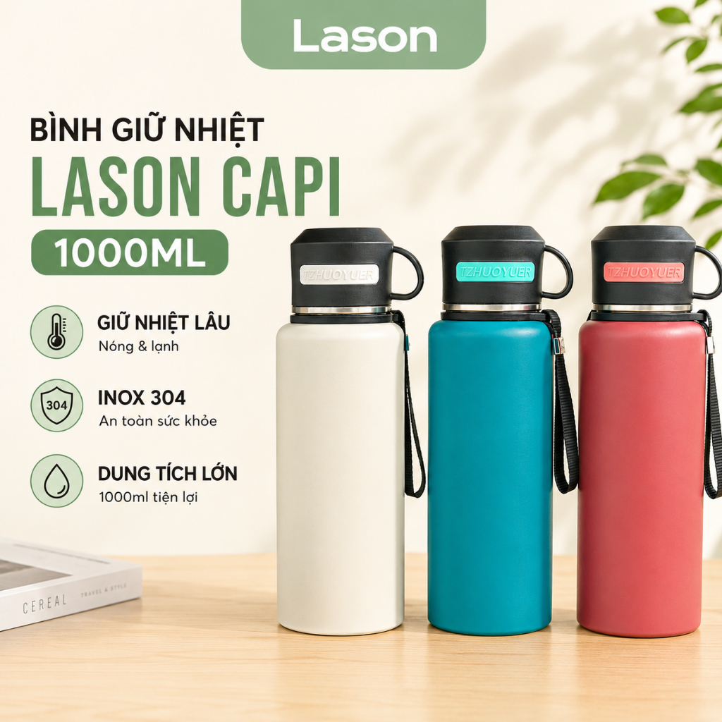Bình nước giữ nhiệt Lason Capi 1000ml chất liệu inox giữ nhiệt 8-10 tiếng có quai xách tiện lợi
